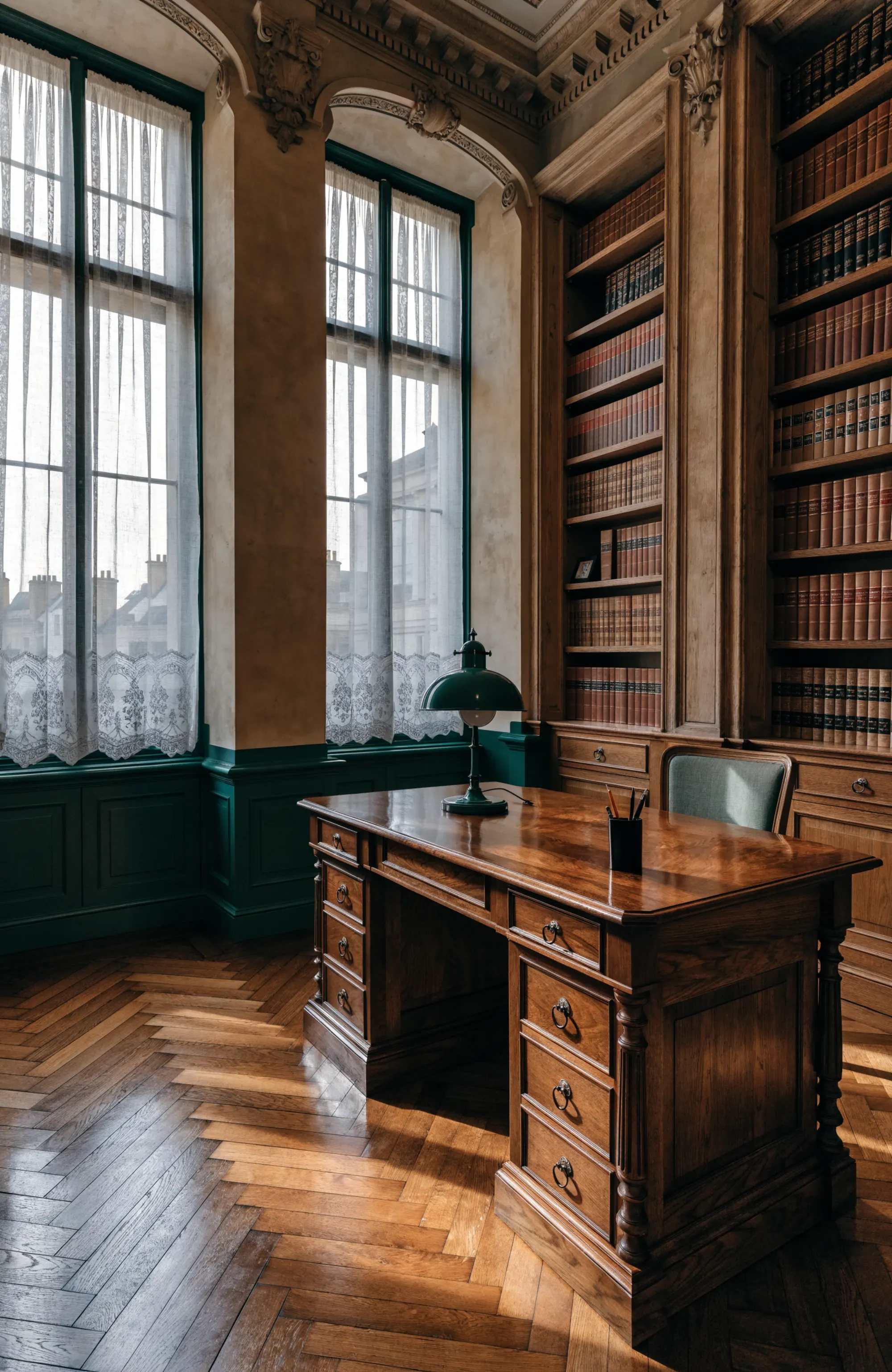 Bureau du cabinet : table en bois sombre, bibliothèque de codes reliés et lumière douce de fin d’après-midi
