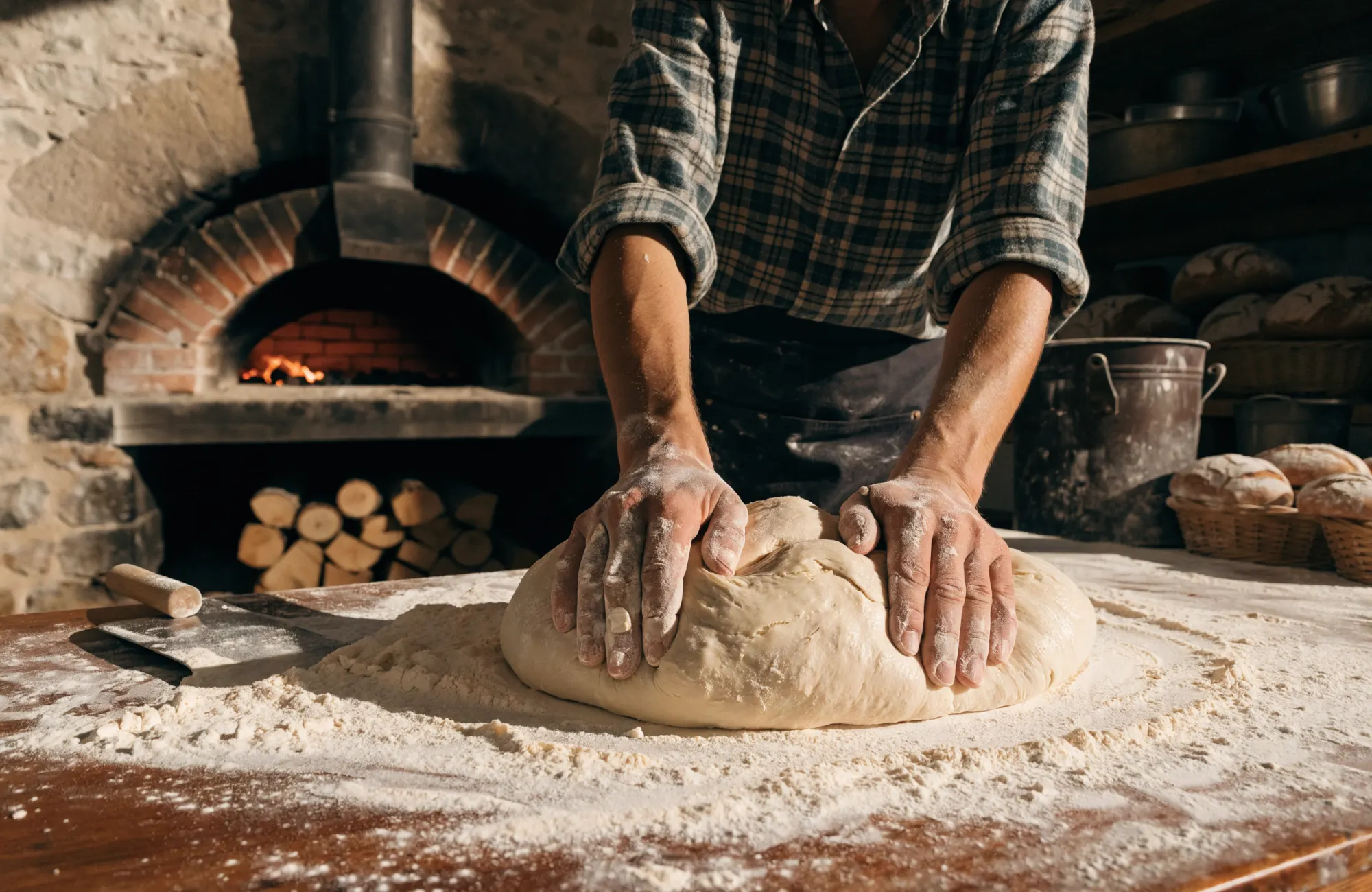 Mains farinées pétrissant une grosse boule de pâte devant le four à bois du fournil