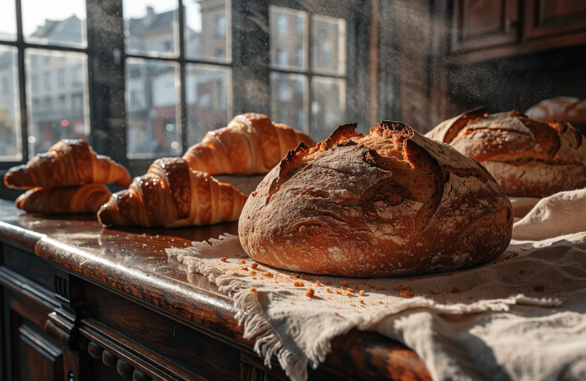 Miches au levain dorées sortant du four, posées sur une planche farinée