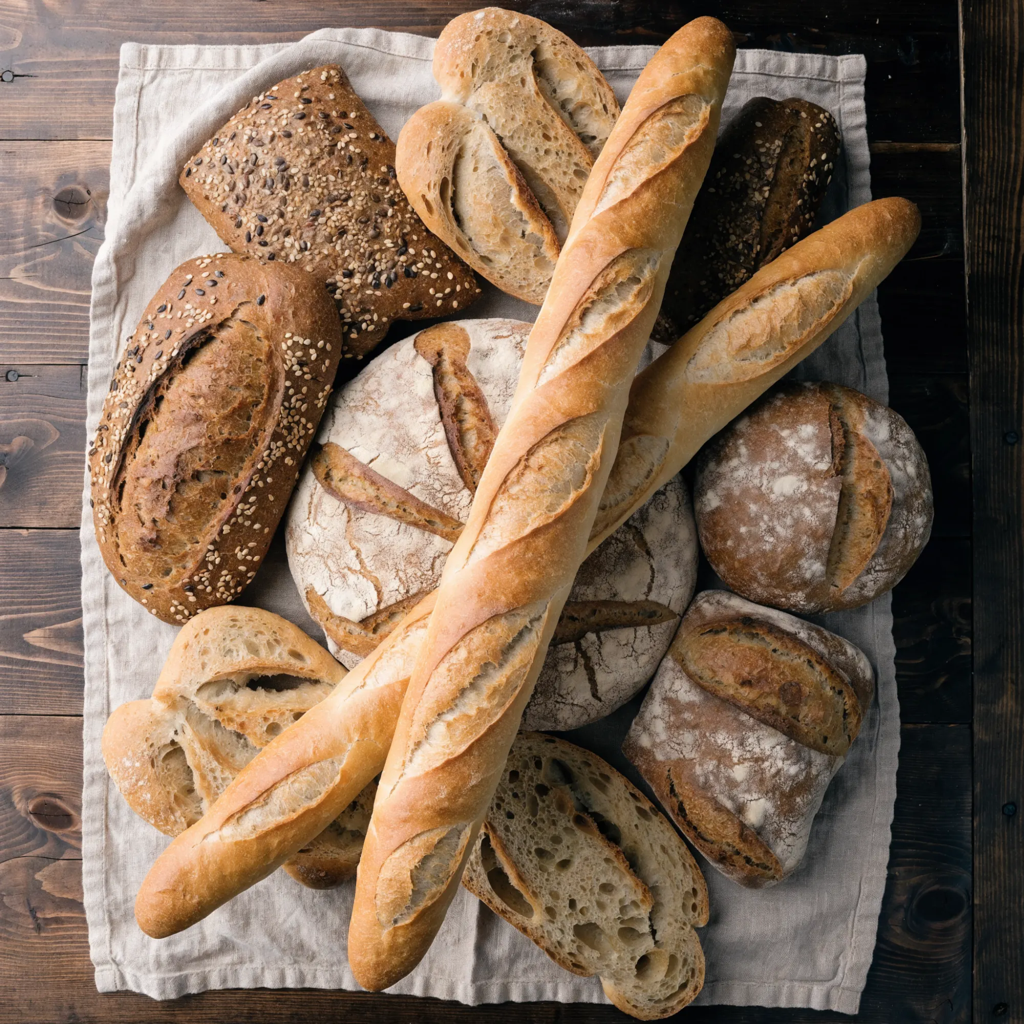 Étal de pains de campagne, baguettes et pains aux céréales dans des paniers en osier