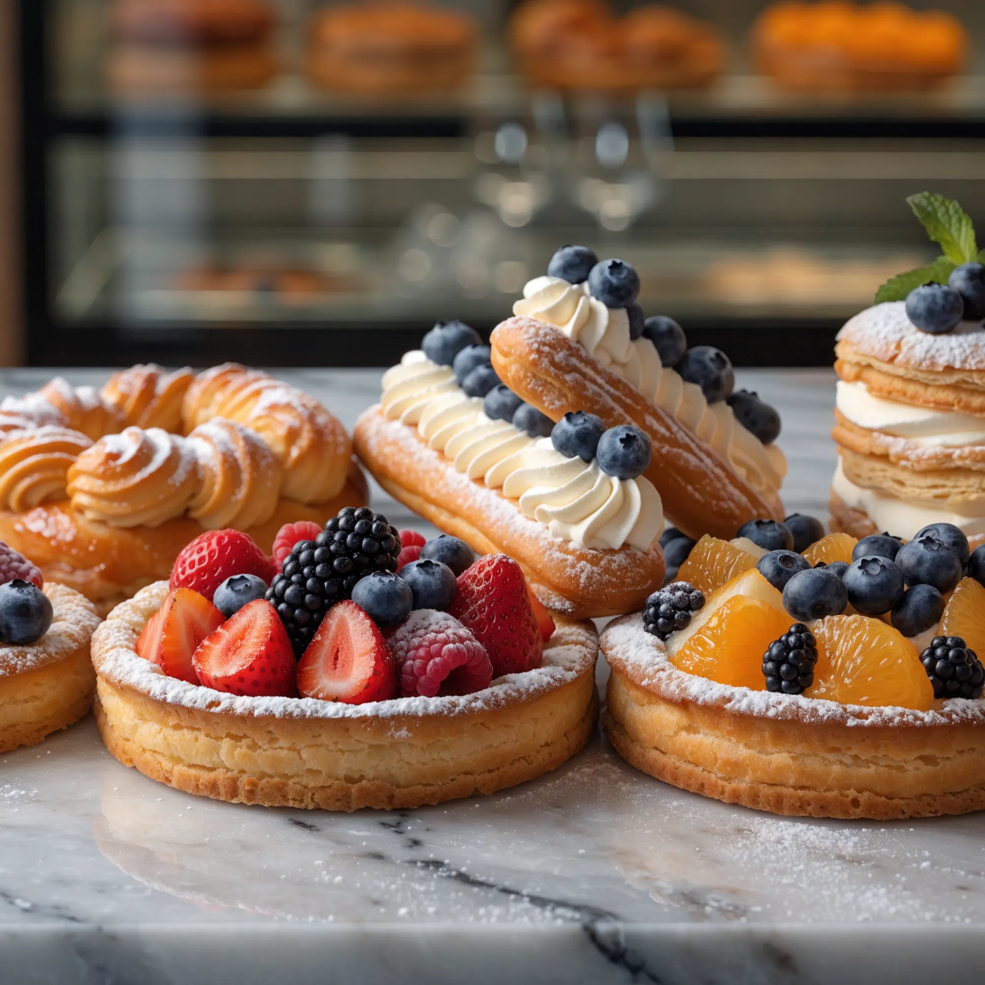 Tarte aux pralines roses et paris-brest sur le comptoir de la pâtisserie