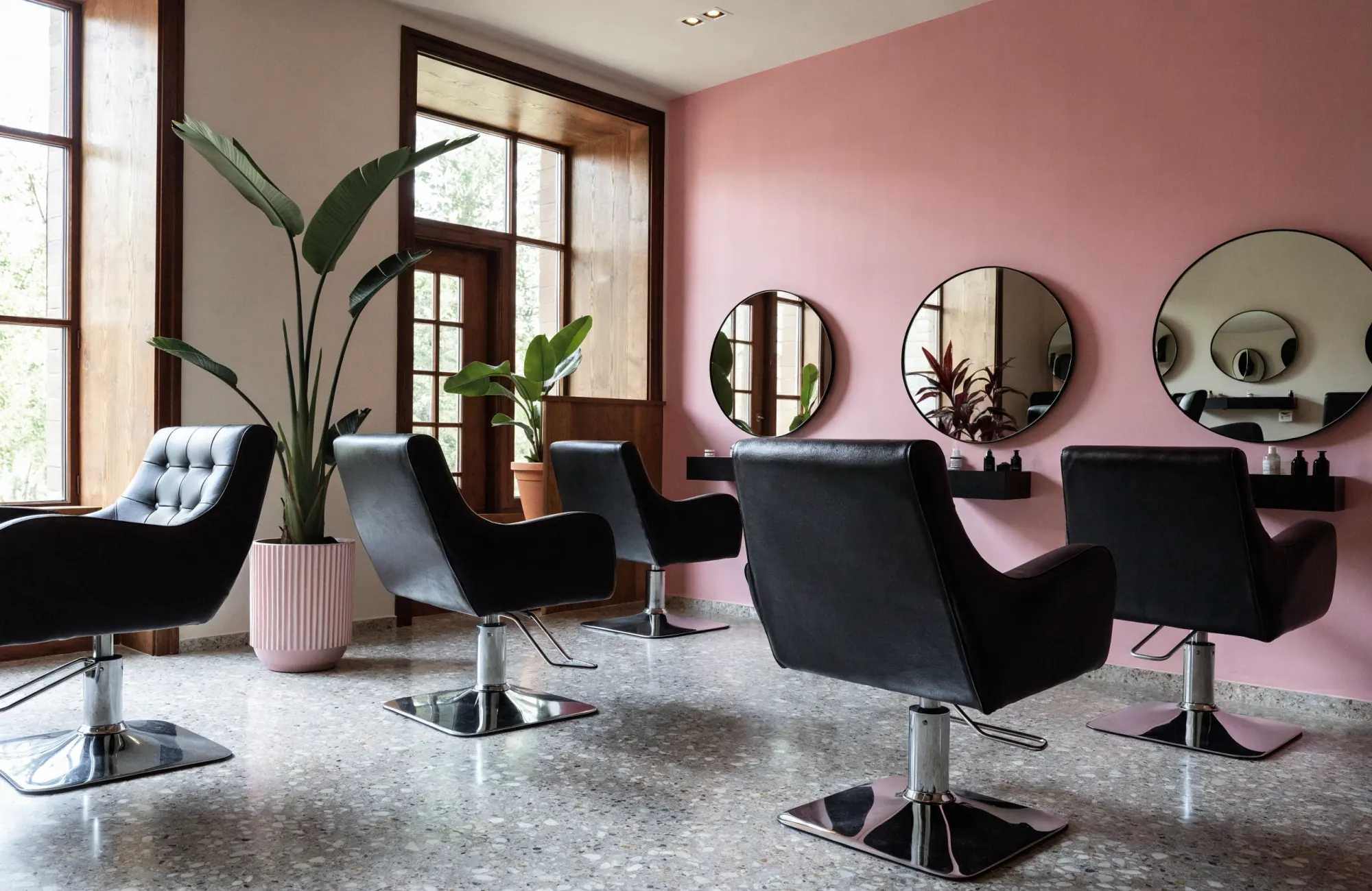 Intérieur du salon : fauteuils clairs, grands miroirs et parquet en chêne