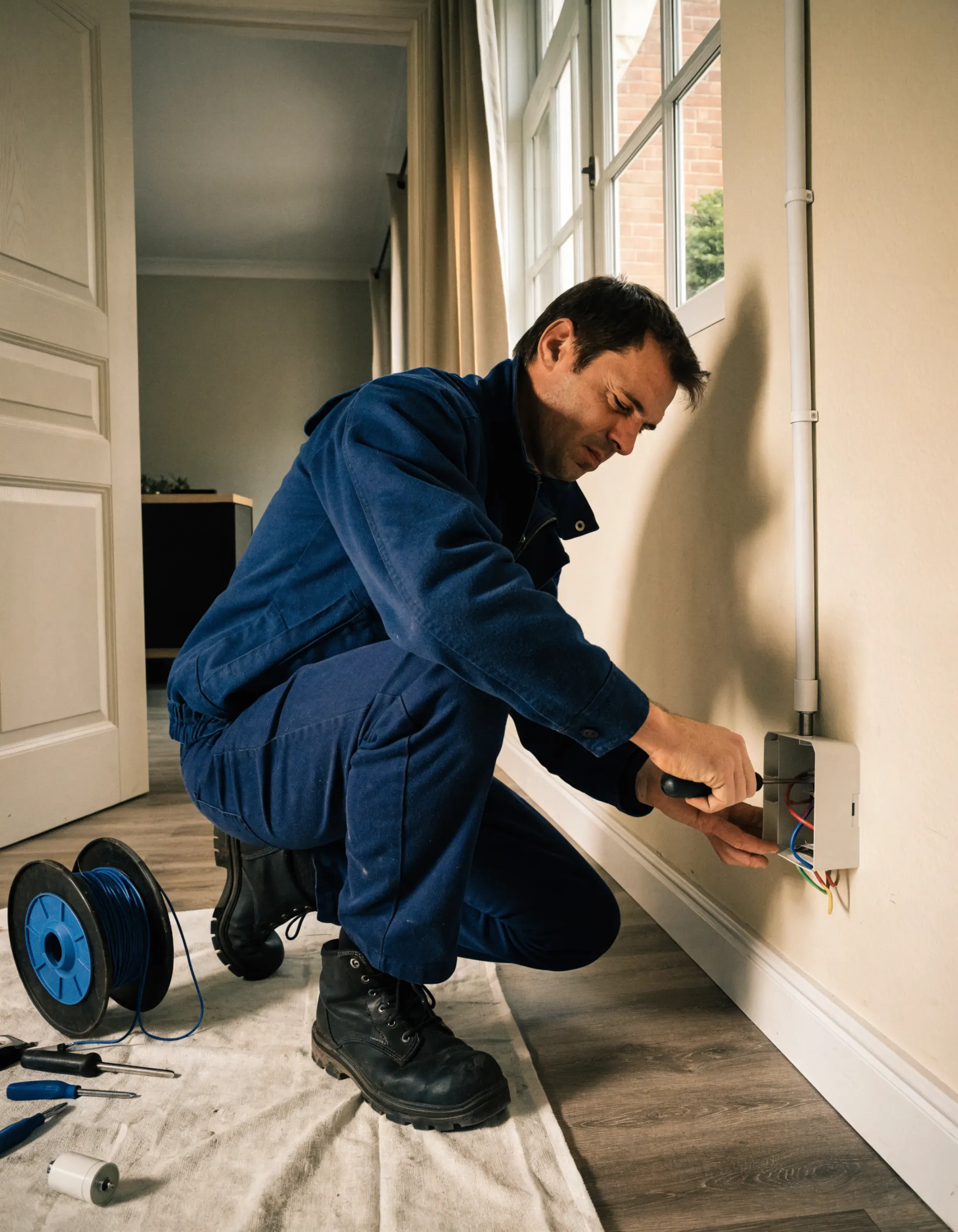 Un électricien de l’équipe, accroupi, raccorde une boîte de prise murale dans un appartement en rénovation