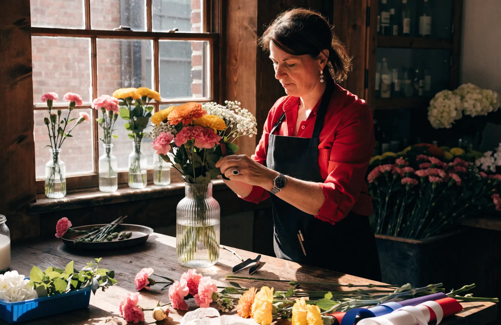 Margaux compose un bouquet sur l'établi en bois de l'atelier, entourée de seaux de fleurs fraîches