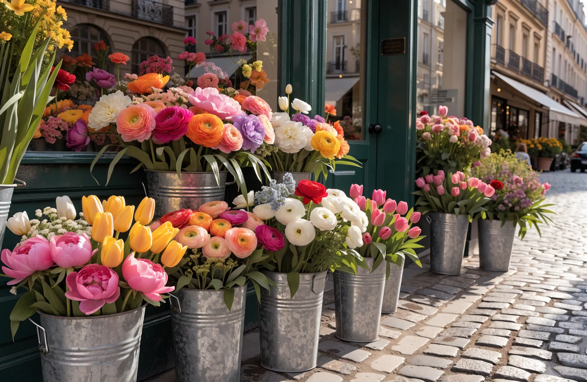 Comptoir de la boutique Pétales & Cie débordant de renoncules orange, tulipes et feuillages frais