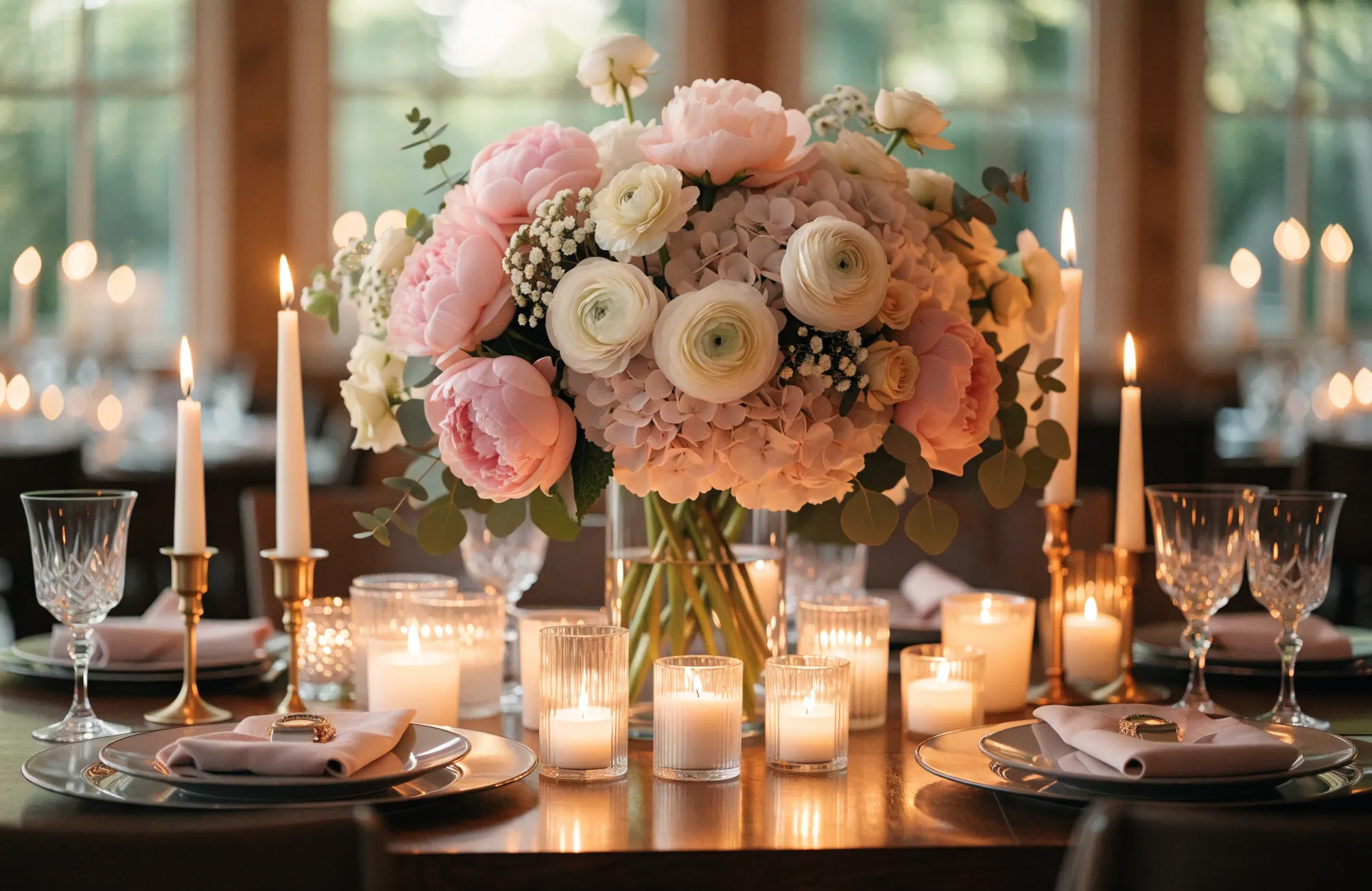 Arche fleurie de mariage en pivoines, roses de jardin et herbes folles dans une cour pavée