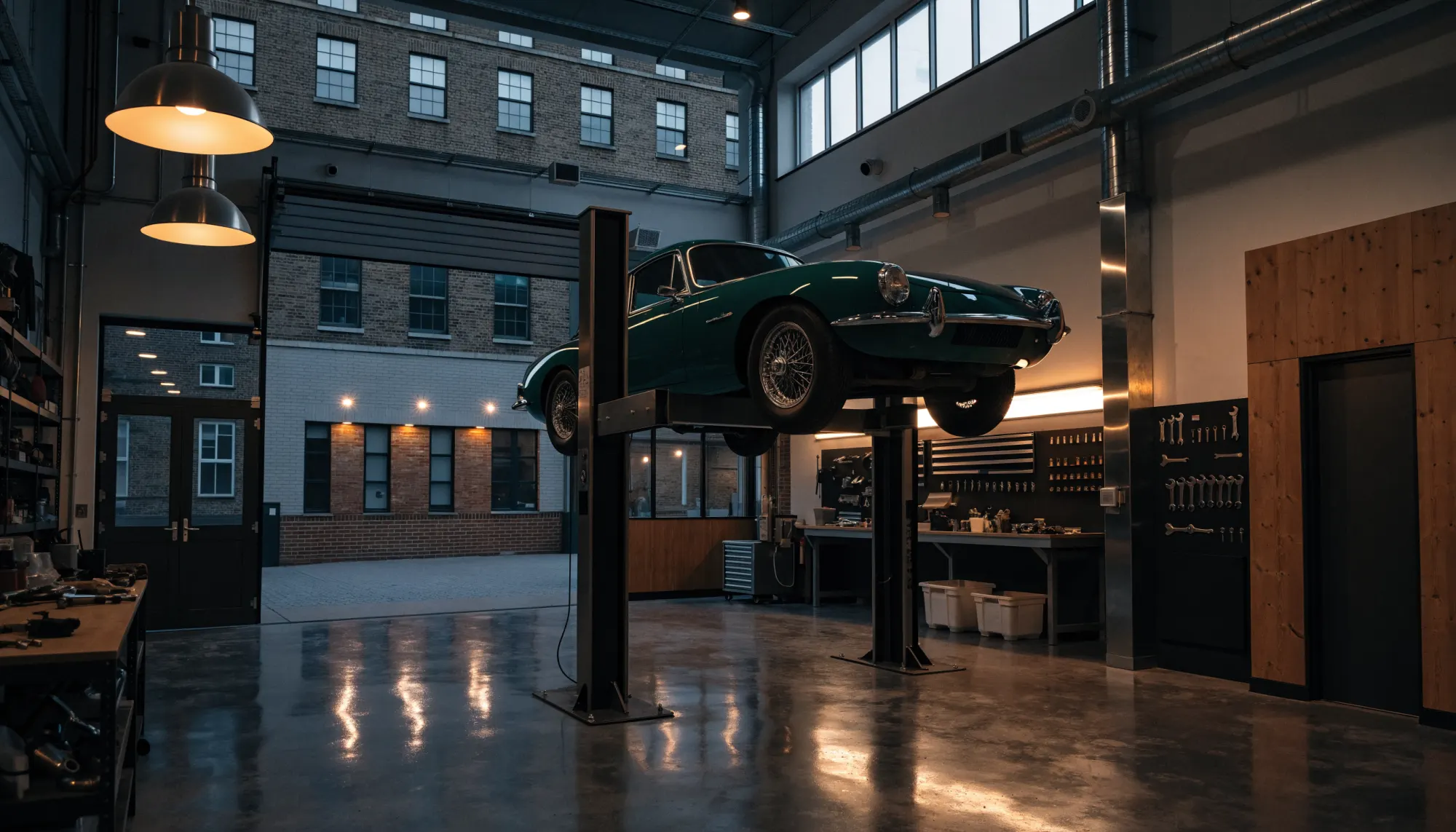 Une voiture sur le pont élévateur dans l’atelier du Garage Valmont, éclairé par les néons