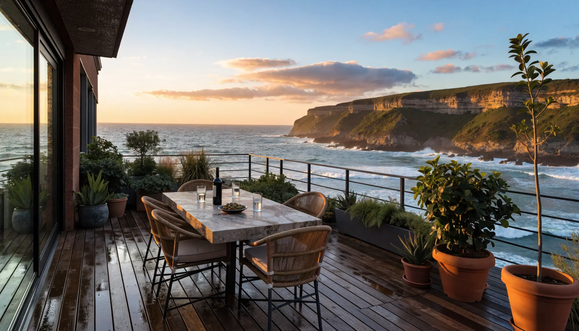 Terrasse en bois au dernier étage, table dressée face à l’océan et aux falaises au coucher du soleil