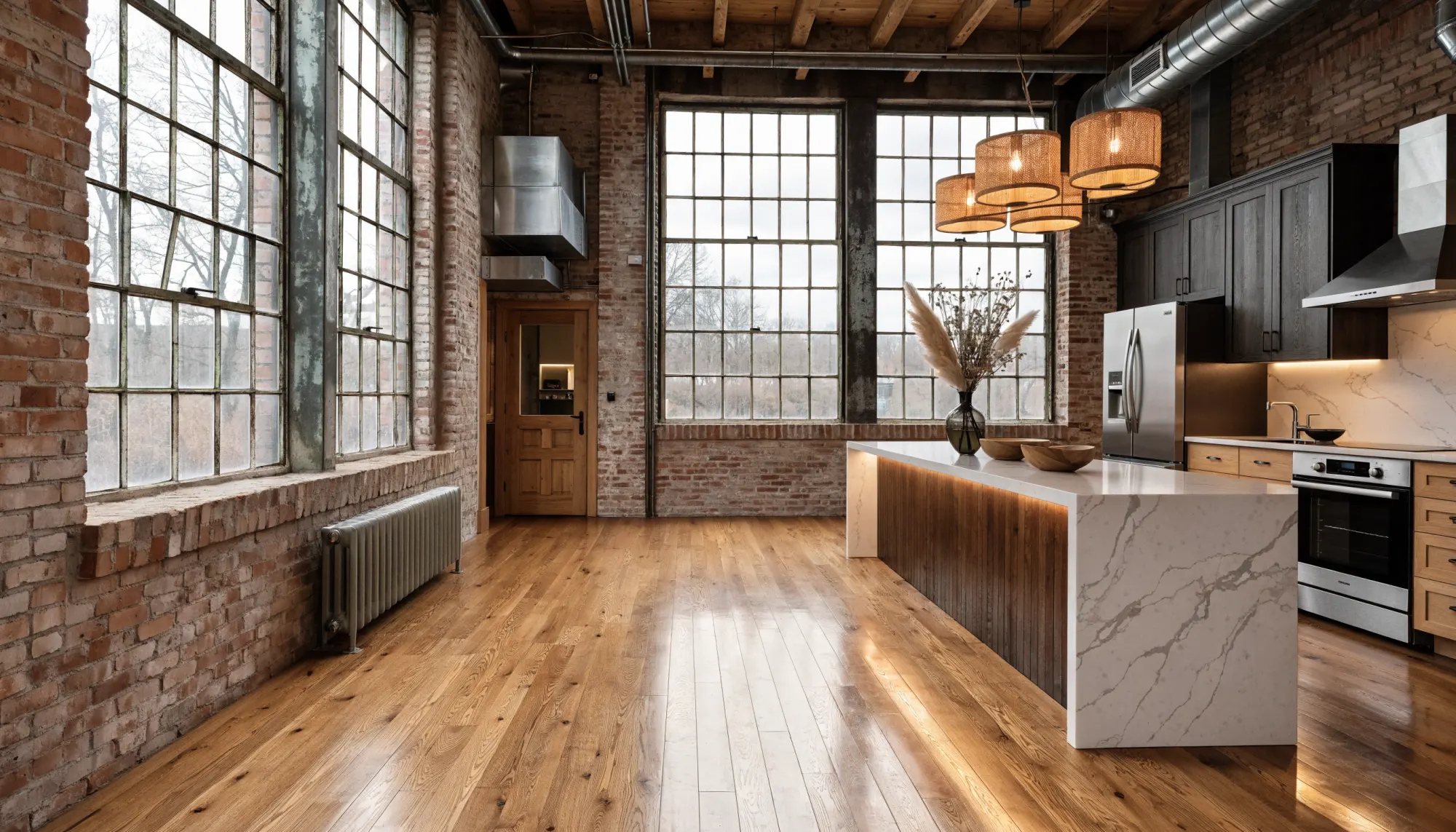 Loft en briques avec grandes verrières d’atelier, parquet en chêne et îlot de cuisine en marbre