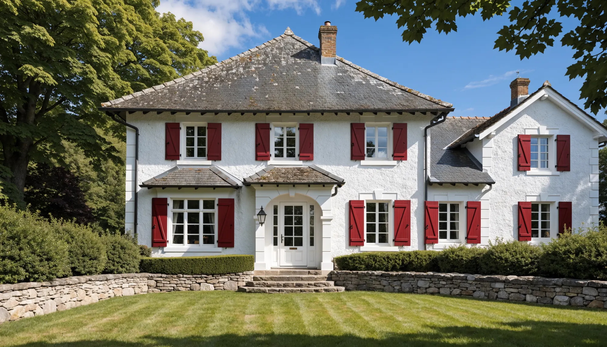 Maison blanche aux volets rouges, toit d’ardoise et pelouse bordée d’un muret de pierre