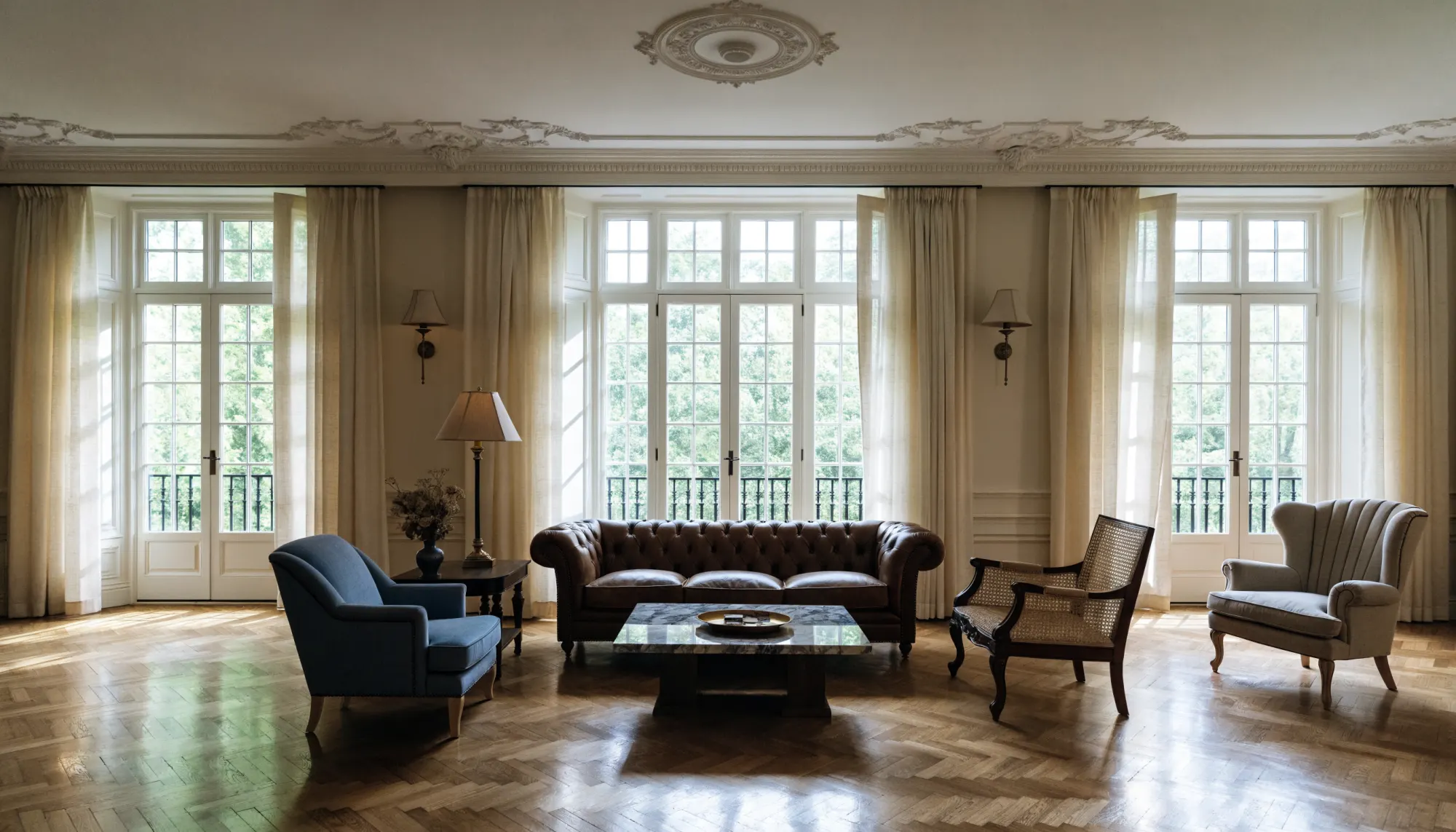 Grand salon lumineux aux moulures blanches, parquet en point de Hongrie, canapé Chesterfield et portes-fenêtres sur balcon