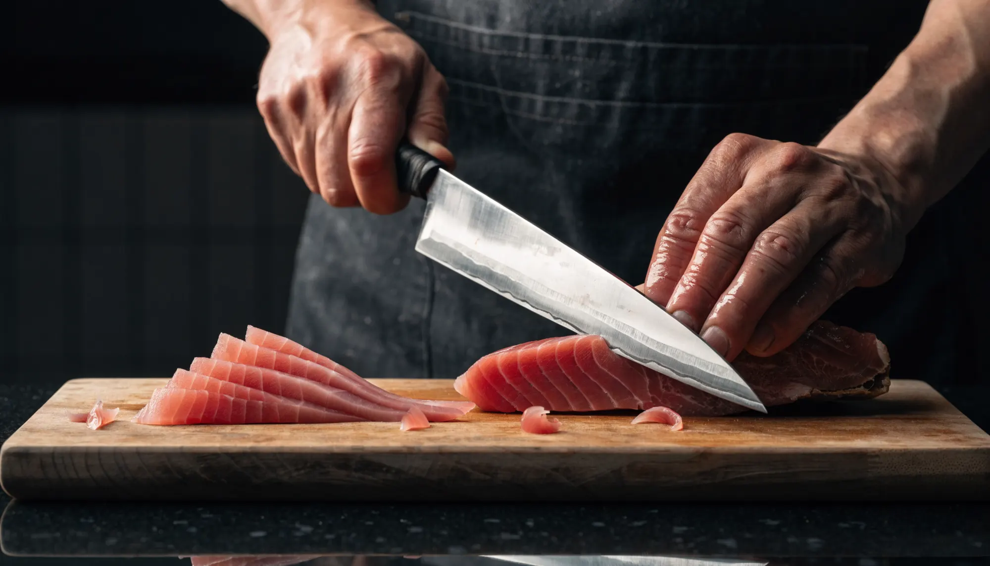 Les mains du chef Kenji Mori tranchant une longe de thon sur une planche en bois
