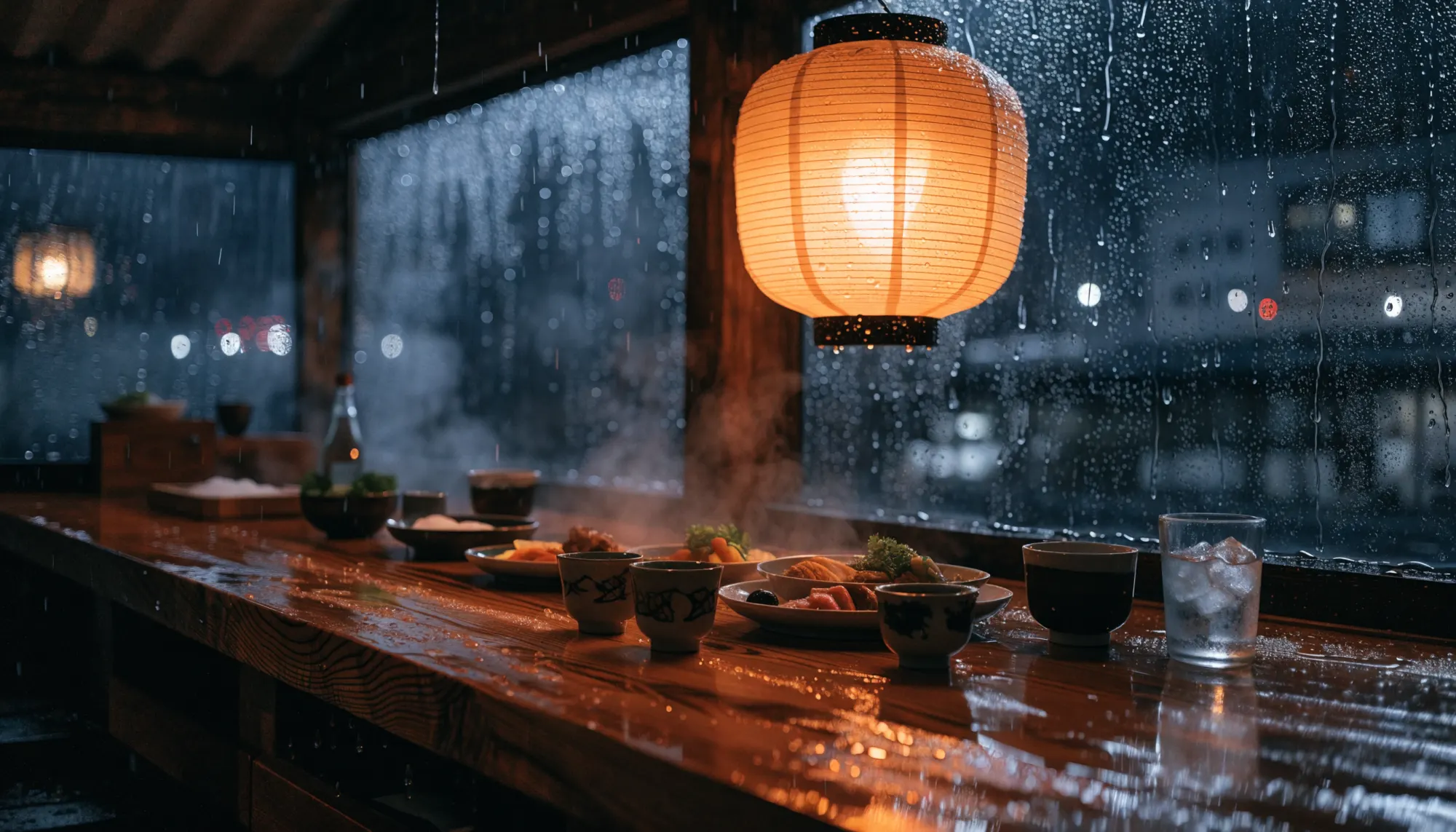 Le comptoir en bois clair de Kōji, tabourets alignés sous une lumière tamisée