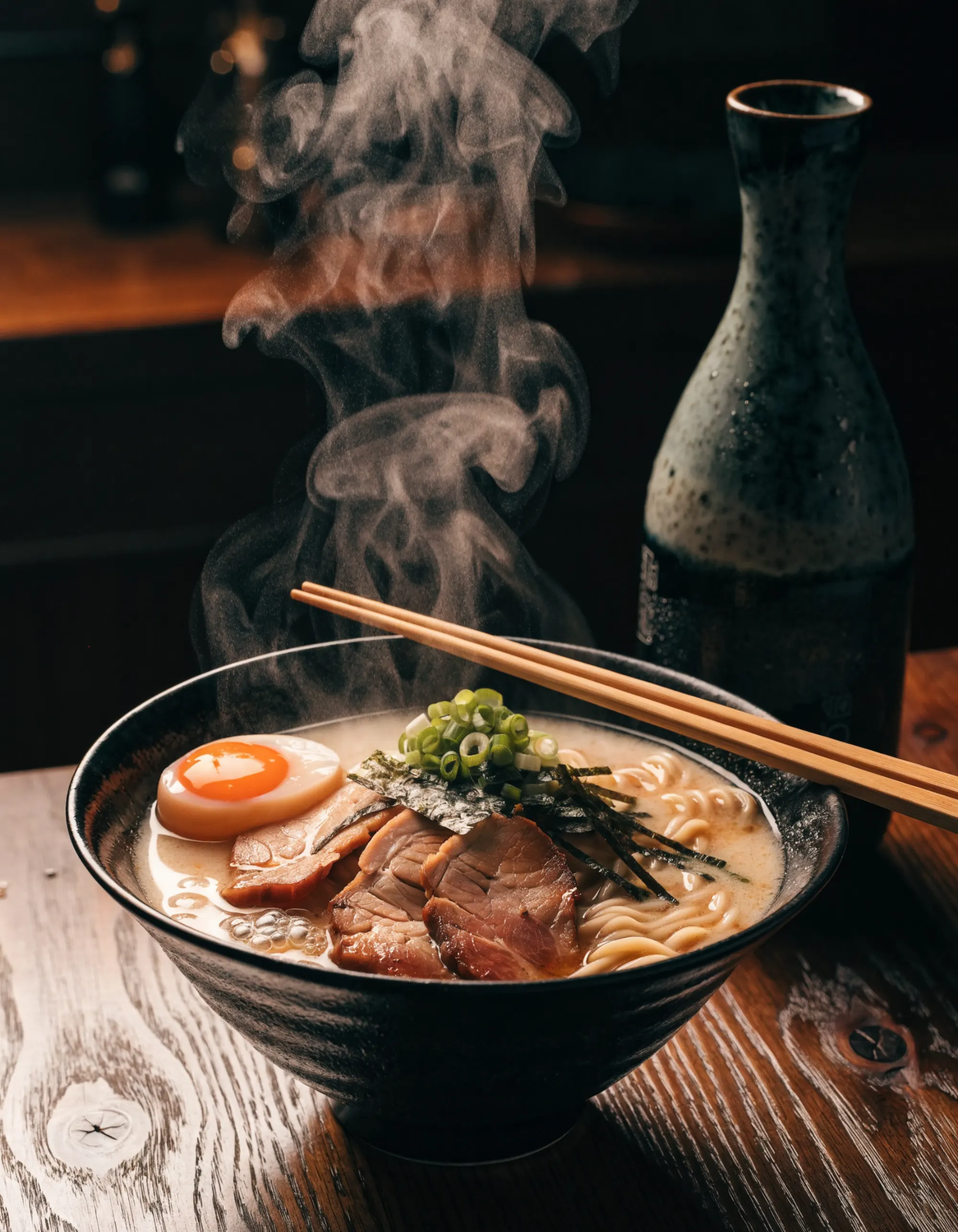 Bol de ramen fumant : bouillon ambré, tranches de porc, œuf mariné coupé en deux et ciboule