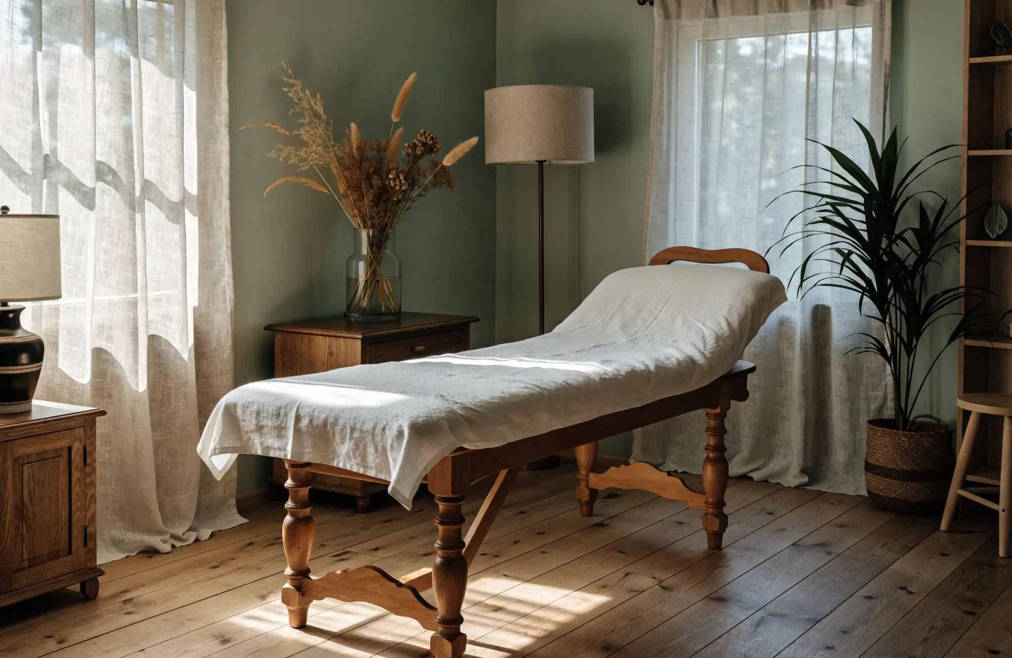 Salle de soin lumineuse du cabinet, table d’ostéopathie en bois clair et plantes vertes
