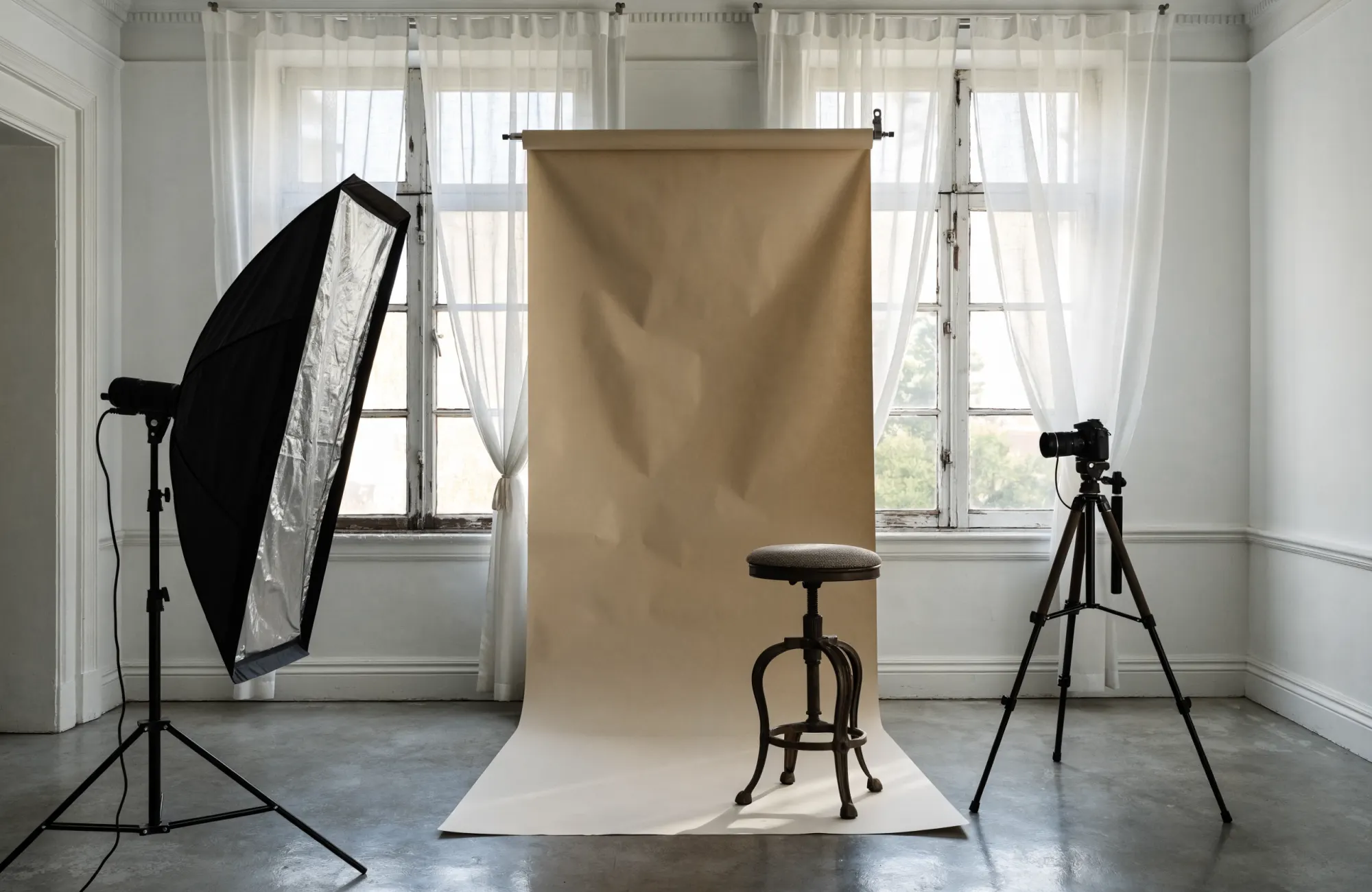 Le studio de Camille Aubert : fond papier, tabouret et lumière douce de deux grandes fenêtres