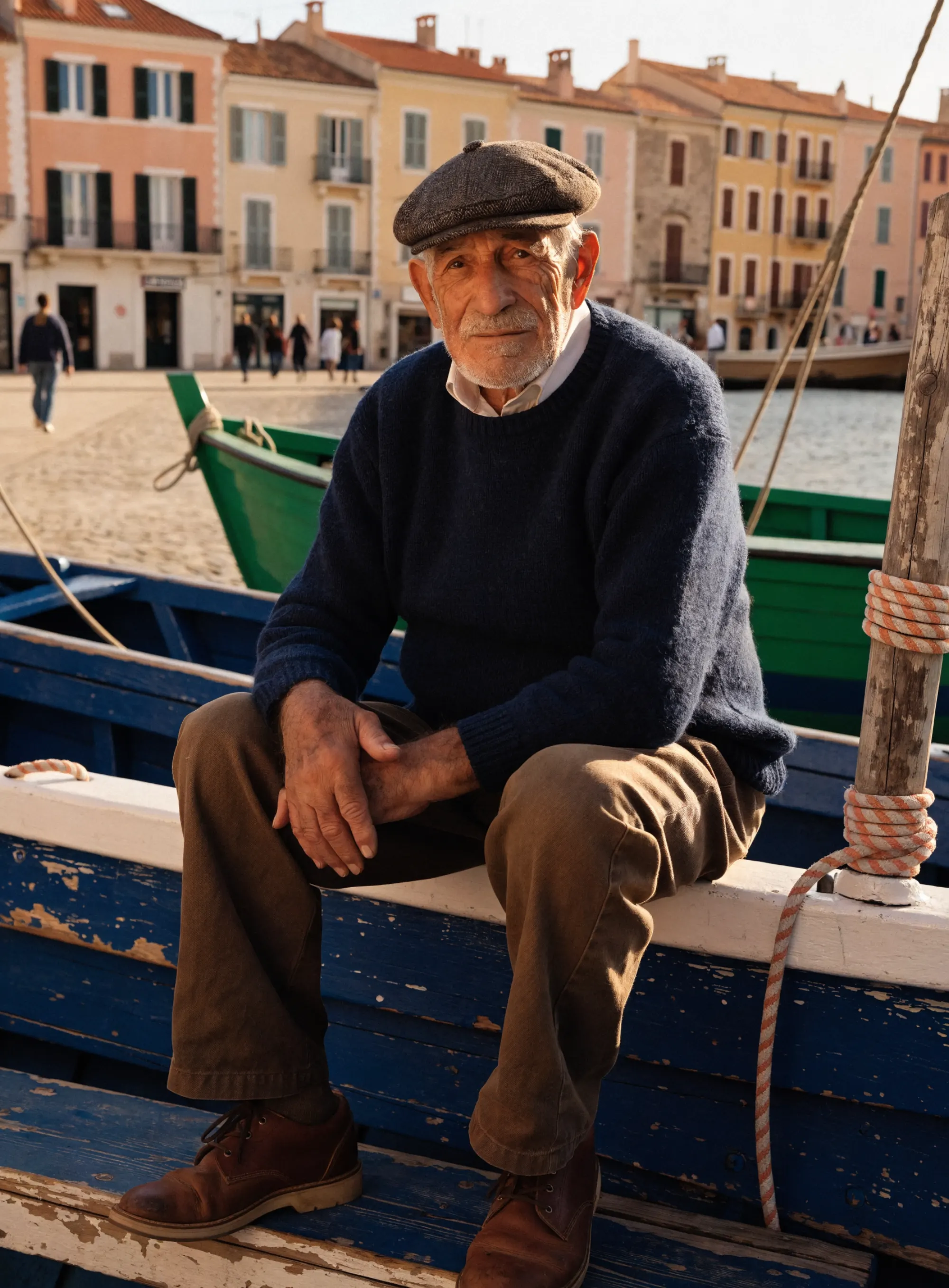 Un homme âgé en casquette, assis sur une barque bleue du Vieux-Port, dans la lumière dorée du soir