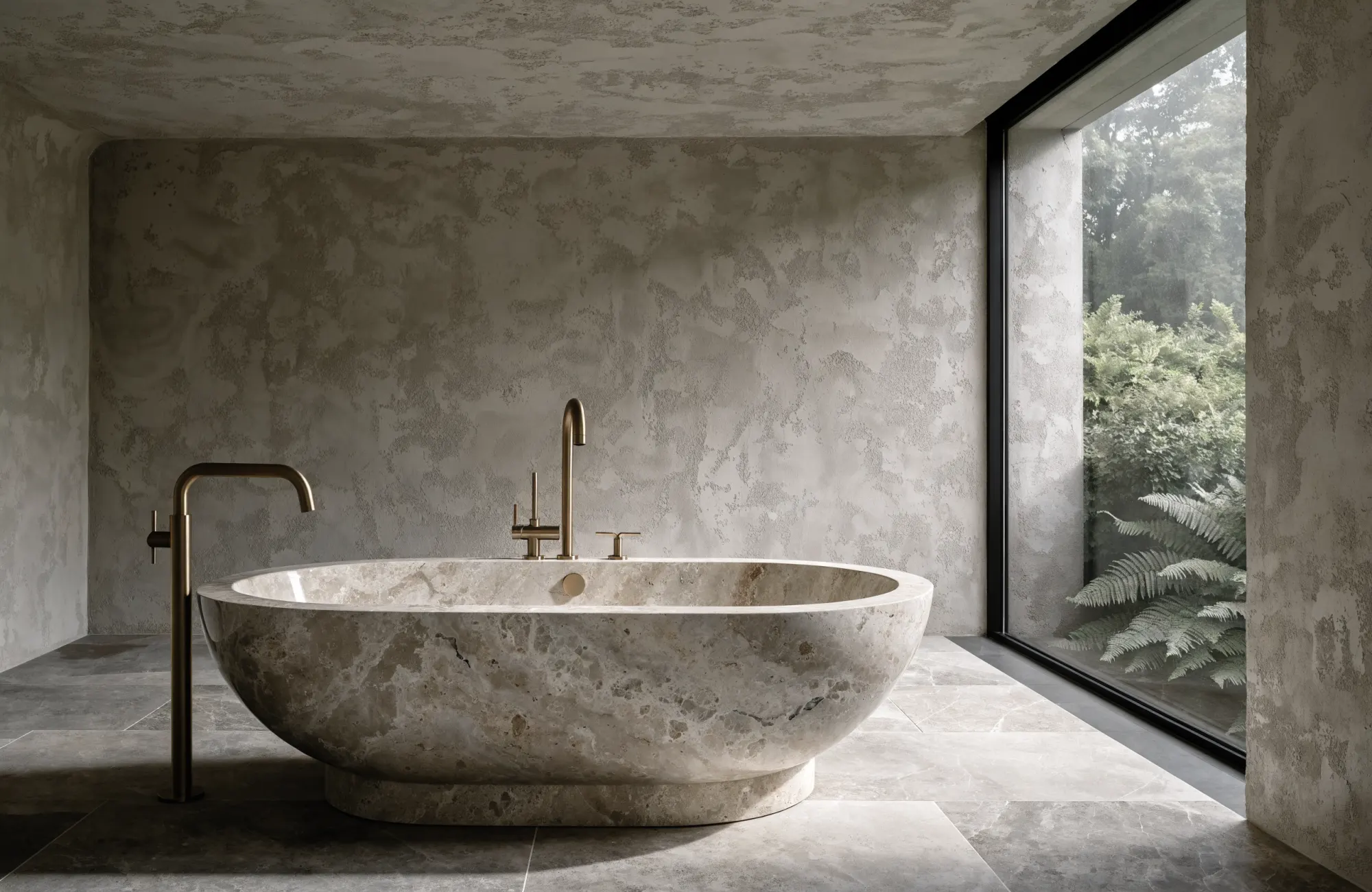 Salle de bain lumineuse aux tons clairs, vasque en pierre et robinetterie laiton