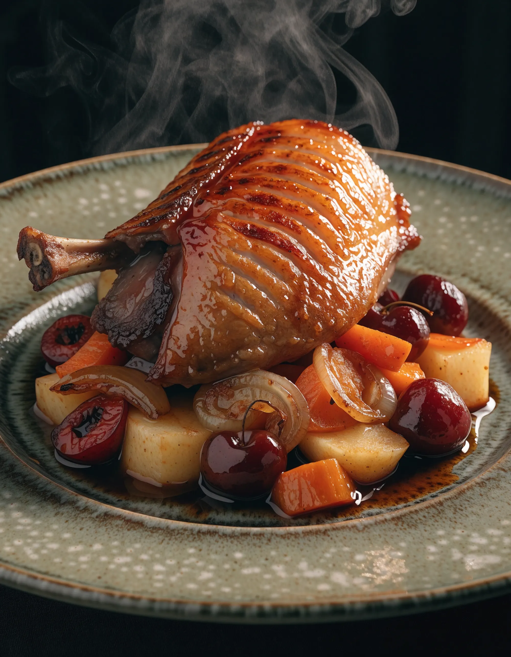 Pigeon rôti à la peau laquée, cerises, carottes et pommes de terre fondantes sur une assiette en grès