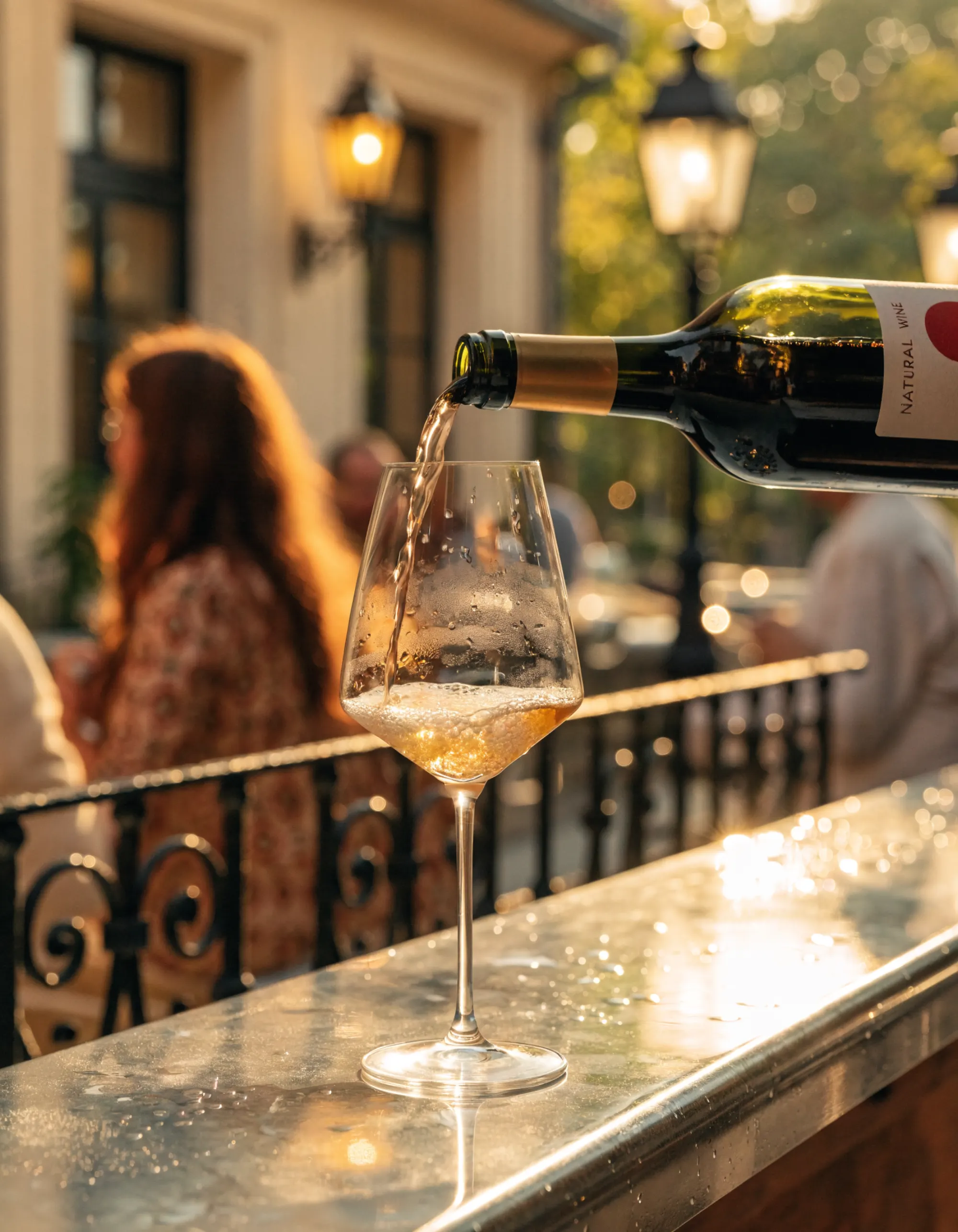 Verres de vin nature trouble et bouteilles aux étiquettes artisanales sur le comptoir