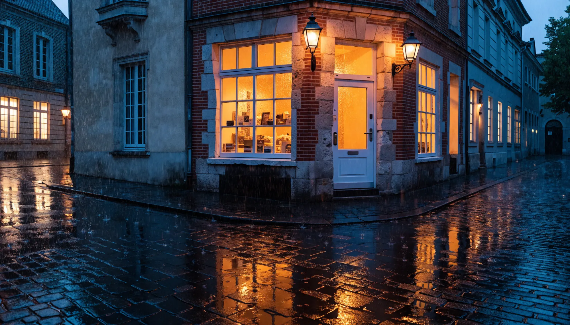 Une petite boutique éclairée le soir, dans une rue pavée